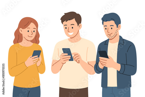 Diverse young adults focused on mobile phones representing digital communication