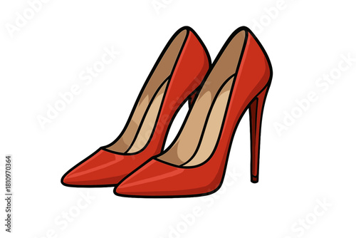 Bright red high heel shoes with pointed toes and thin stiletto heels