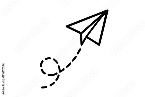 Minimalist line art icon of a paper airplane flying along a dashed, looping path trajectory