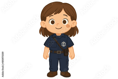 Cheerful female emergency medical services worker wearing uniform and radio