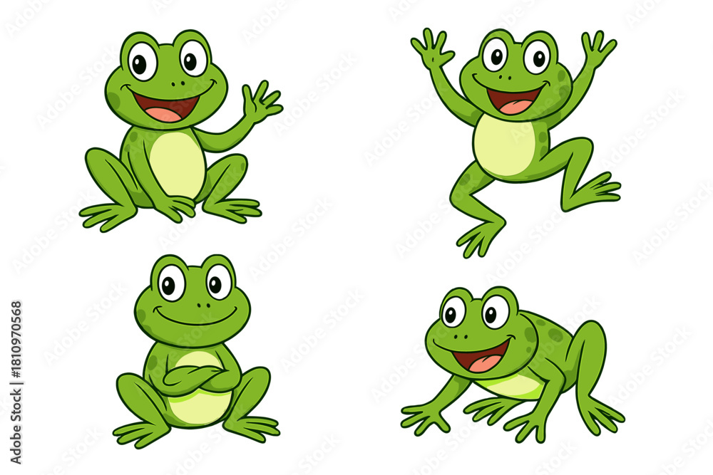 Obraz premium Collection of four cute green cartoon frogs in various happy poses, isolated on white background