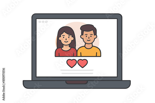 Online dating profile interface displayed on a laptop screen showing a couple's avatars and heart icons for connection