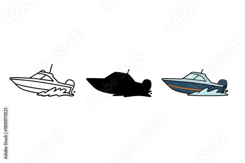 Graphic collection of various icons depicting a fast motorboat speeding across the water surface
