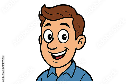 Cheerful cartoon character portrait of a friendly man with brown hair smiling broadly