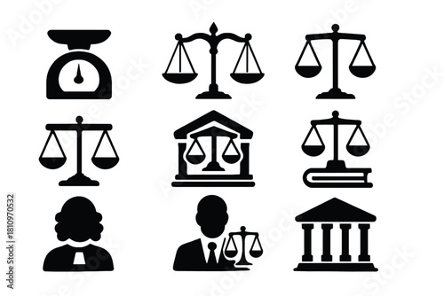 Legal and justice system elements featuring scales, court building, judge, and lawyer figures