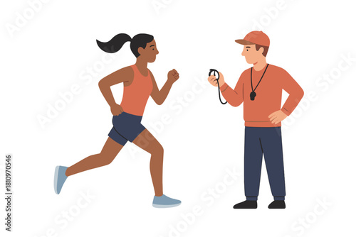 Female athlete running monitored by personal coach timing performance with stopwatch