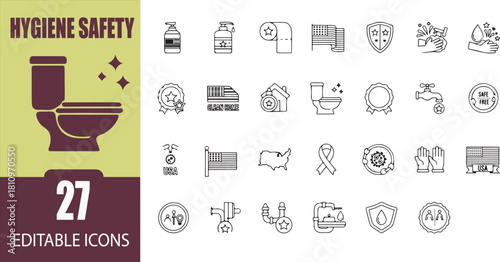 Hygiene and Safety Icon Collection with American Theme and Cleaning Elements Featuring Editable Icons for Safe Free and Clean Home Practices