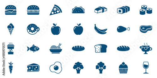 Collection of dark blue food and drink icons on white background vector