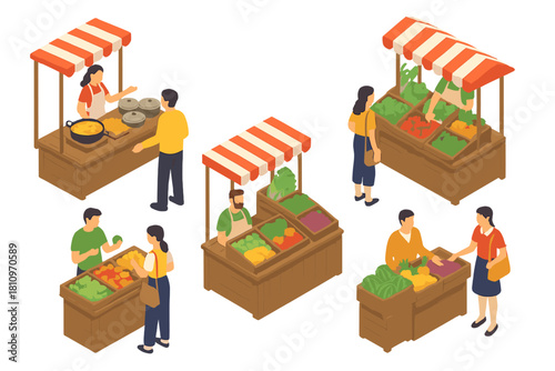 Isometric street market stalls with vendors selling fresh produce and prepared food to customers