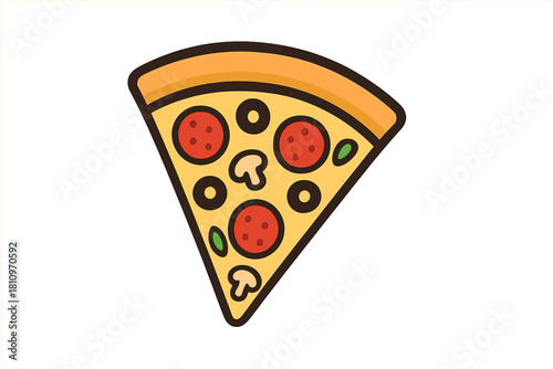 Appetizing slice of classic pepperoni pizza topped with mushrooms and black olives