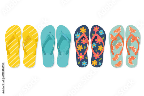 Four pairs of colorful summer flip-flops featuring diverse patterns for beach footwear
