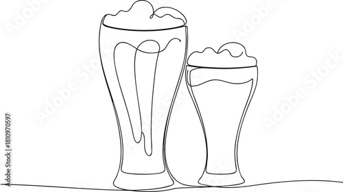Two glasses of foamy beer in continuous line drawing style