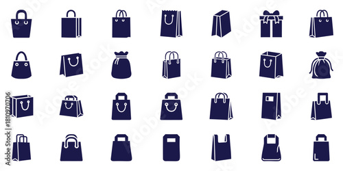 Collection of dark blue shopping bags and gift boxes icons vector