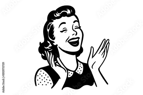 Retro style woman laughing and clapping hands in excitement or joy