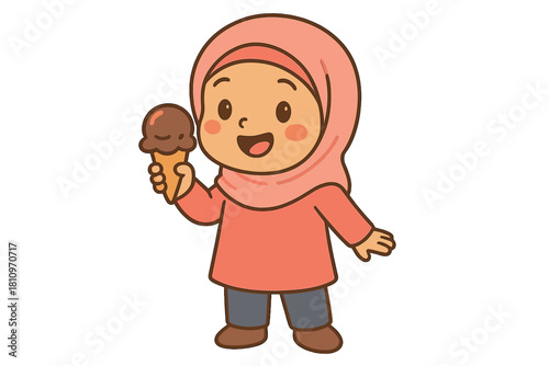 Happy Muslim girl wearing a pink hijab and holding a chocolate ice cream cone