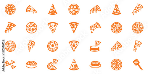 Collection of orange pizza icons and slices on white background food