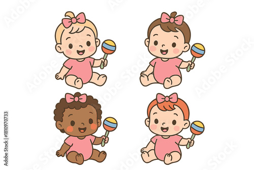 Group of happy diverse baby girls wearing pink onesies and bows holding colorful toys