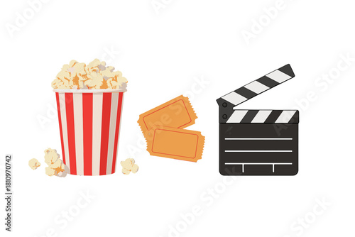 Classic movie essentials set with popcorn bucket, blank tickets, and open clapperboard slate
