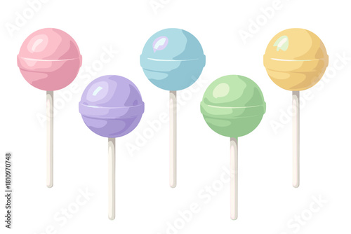 Five brightly colored spherical lollipops assortment in soft pastel shades on sticks