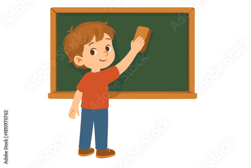 Smiling student cleaning the classroom chalkboard with an eraser during school time