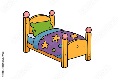Colorful wooden bed with purple blanket and star patterns on white background