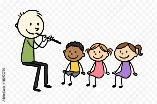 Adult playing a flute for a group of happy children sitting and listening to music lesson