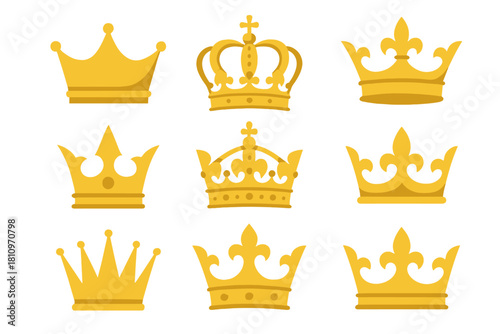 Collection of nine golden crowns and tiaras symbolizing royal authority, victory, and luxury