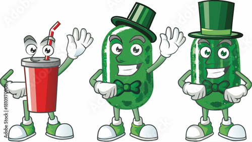 Whimsical soda and cucumber characters with hats exuding charm and fun for playful designs and delightful branding