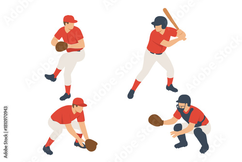 Four isometric baseball players in action poses: pitcher, batter, fielder, and catcher