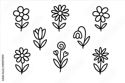 Minimalist black outline doodle flowers collection isolated on a white background