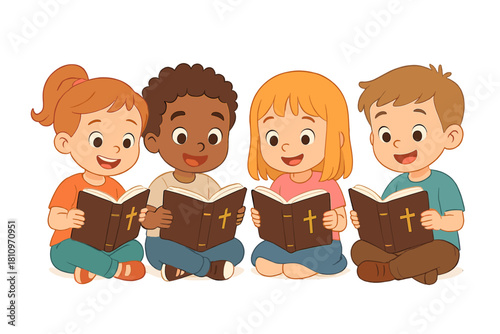 Happy diverse group of young children sitting together reading religious books with crosses