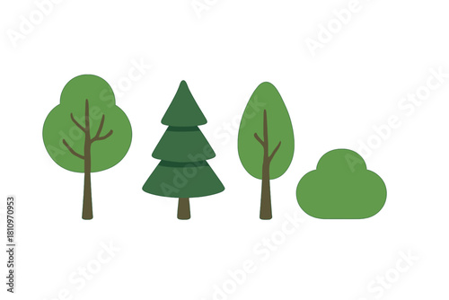 Stylized collection of various green trees and a bush isolated on a white background