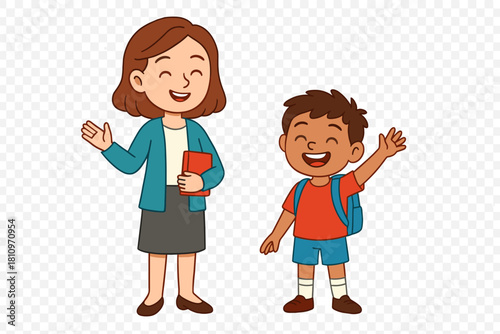 Cheerful female teacher and elementary school student waving hello or goodbye