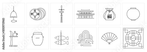Korean Traditional Architecture and Symbolic Objects Line Icons, Hanok, Pottery, and Folk Symbols.