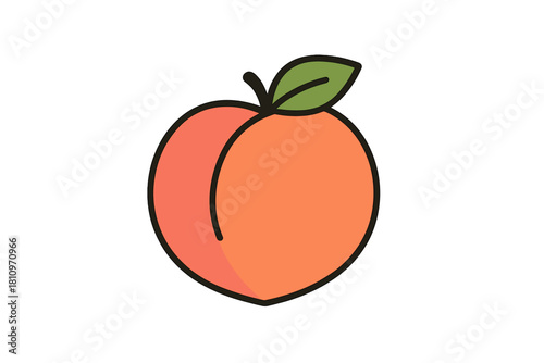 Delicious ripe peach fruit with green leaf and stem in thick black outline style