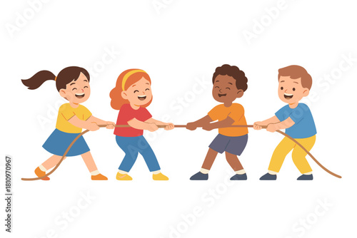Diverse group of happy children playing tug of war game together demonstrating teamwork