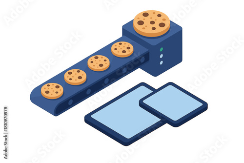 Isometric factory assembly line making cookies next to abstract data processing shapes