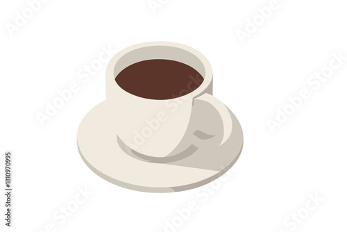 Isometric view of a white ceramic coffee cup with hot dark beverage on a matching saucer