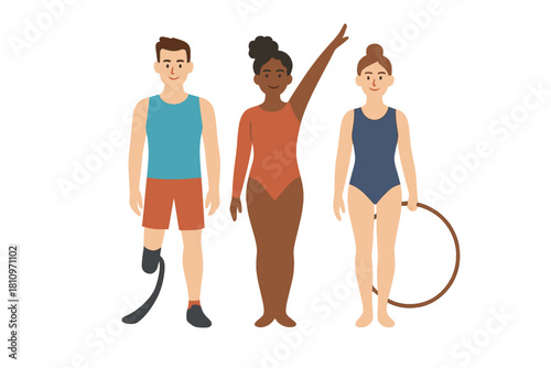 Diverse sports team with male athlete using running blade and two female gymnasts