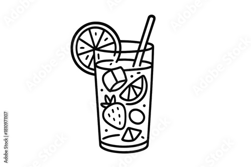 Refreshing summer beverage in a tall glass with ice, citrus, and strawberry