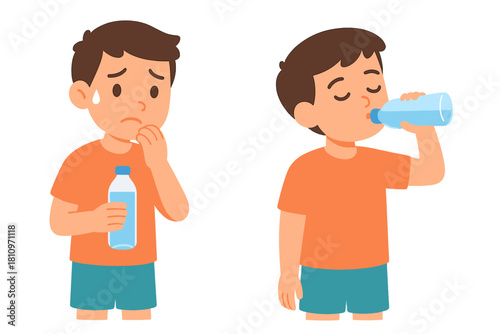 Young boy sweating from thirst holding a water bottle and drinking for immediate relief