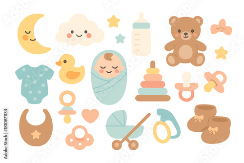 Collection of adorable infant care items, baby clothing, and nursery decorations