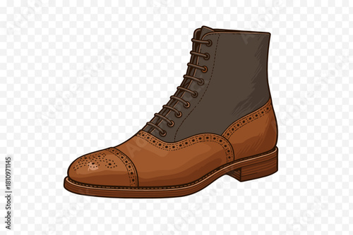 Classic brown leather and fabric ankle boot with decorative perforations and laces