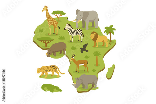 Stylized map of African continent with diverse wild animals and safari wildlife