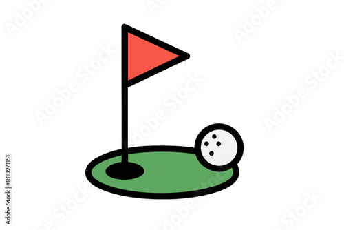 Close up view of a golf ball resting near the putting green hole marked with a red flag