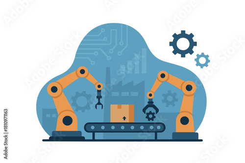 Robotic arms manipulating a package on an automated conveyor belt in a smart factory production line