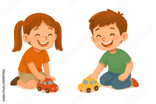 Happy young children playing together with colorful toy cars on the floor, smiling widely