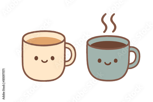 Adorable pair of smiling coffee mugs filled with hot beverages and steam