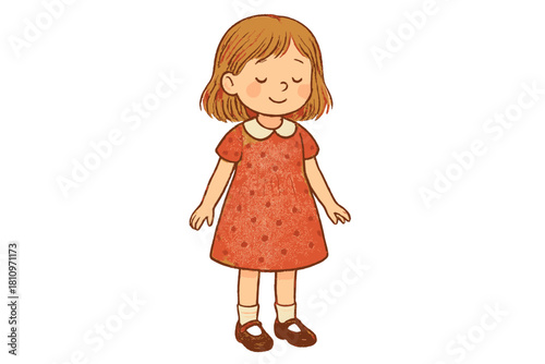 Sweet little girl with short hair standing calmly in a red polka dot dress and Mary Jane shoes
