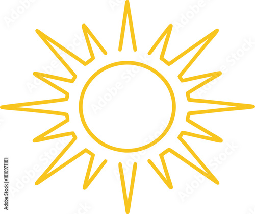 Bright yellow sun with sharp rays on a white background